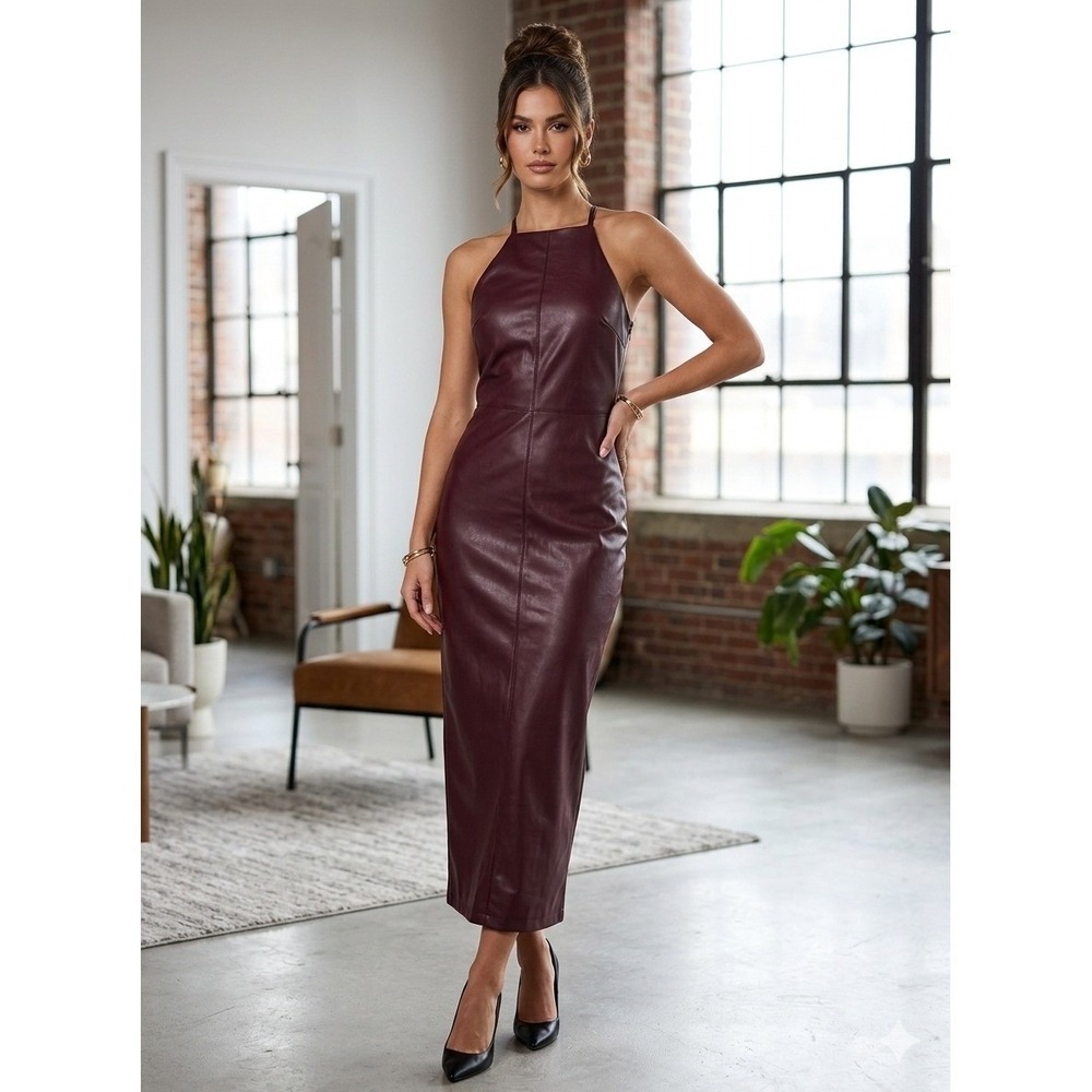 Zara Faux Leather Halter Midi Dress Burgundy Wine Red Vegan Sleeveless Small
